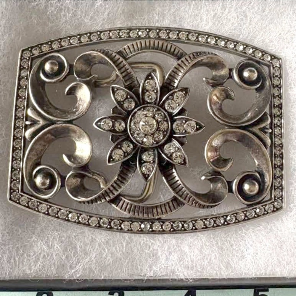 Brighton Silver Tone Rhinestone Sunflower Scrollwork Belt Buckle Rectangular